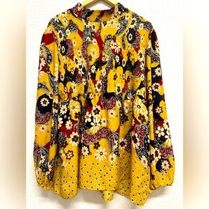 *Women’s 2XL Babydoll Mock Neck Long Sleeve Tunic Top 70s Yellow Hippie Tunic